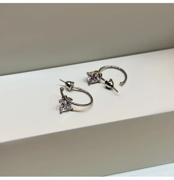 925 Sterling Silver Crescent Hoop with Swarovski Zircon - (R-98)