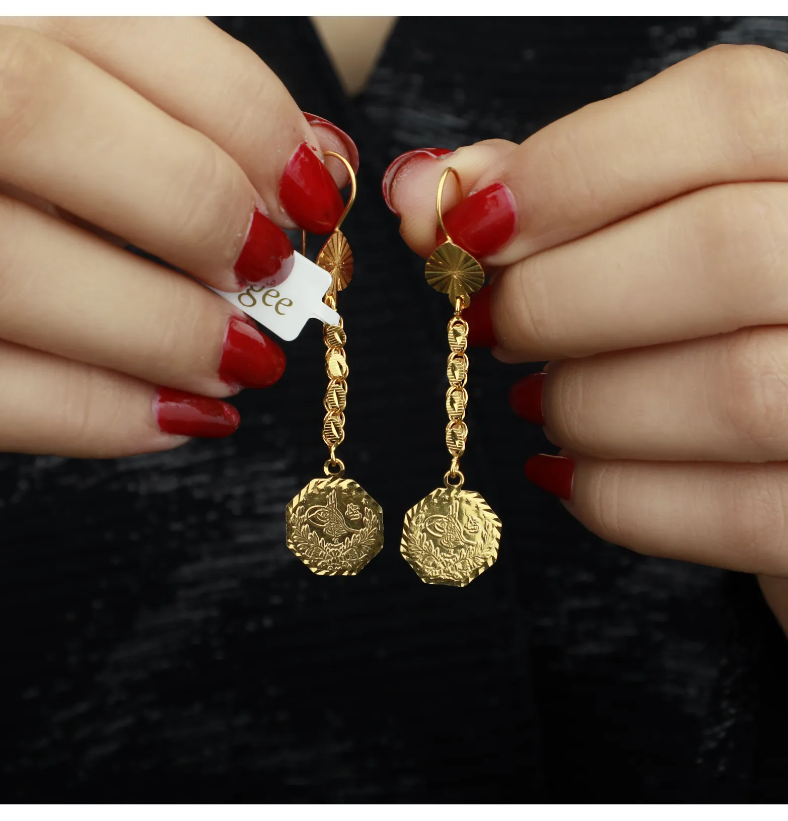 21-karat gold pendant earrings, Turkish made