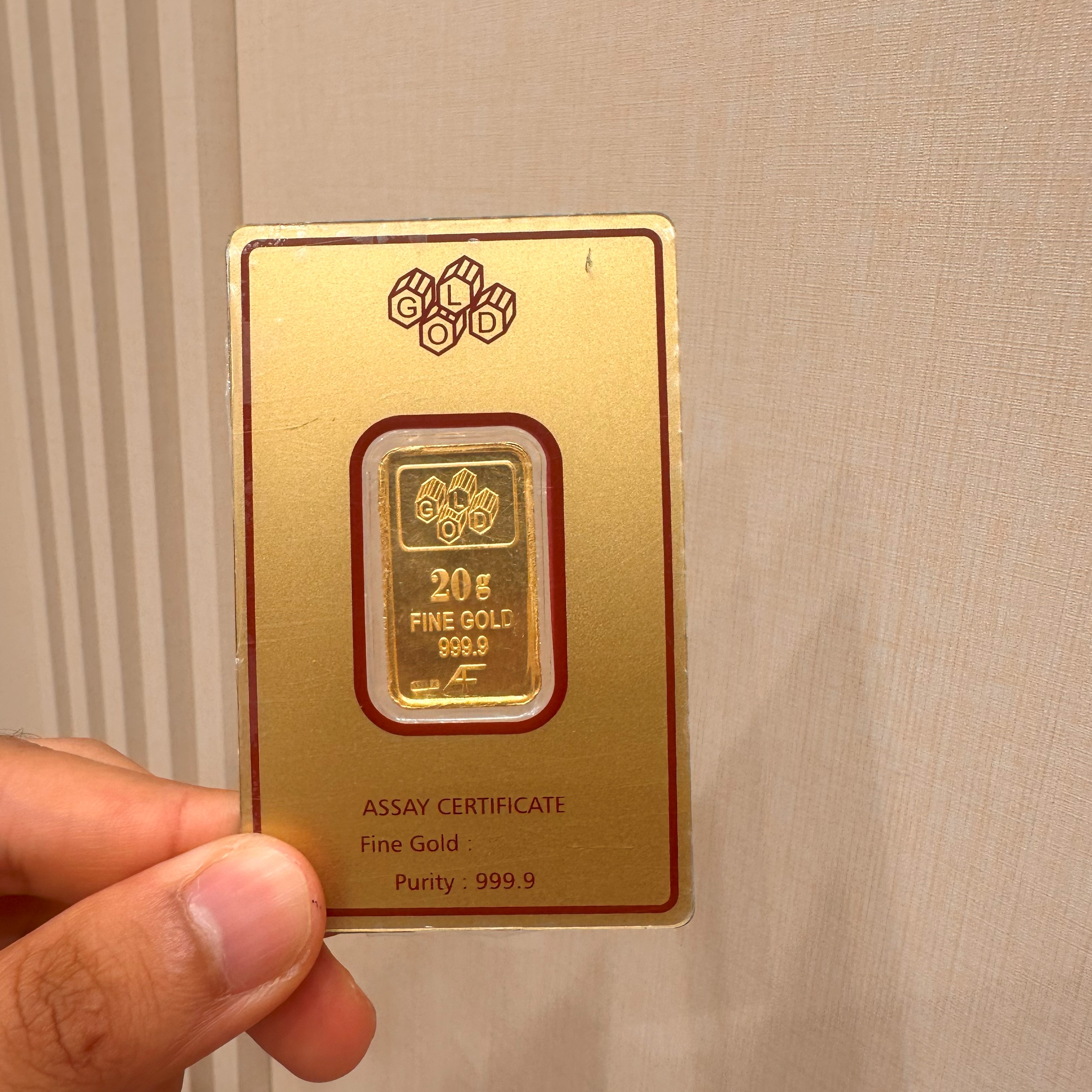 20 grams 24 karat (9999) gold bar - only purchase by whatsapp 97111978 - (G-0004)